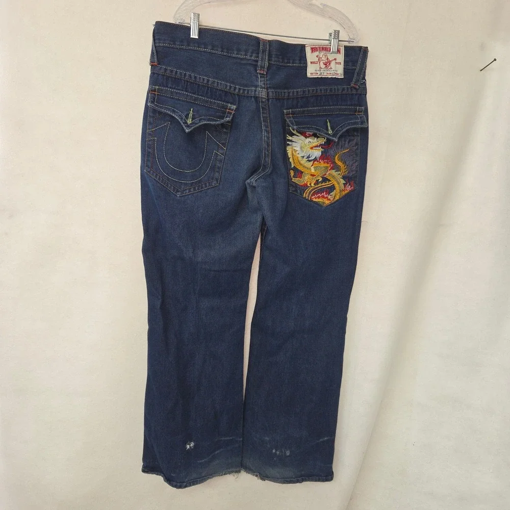 True Religion Joey Jeans Mens 40x34‎ Embroidered Dragon Distress Flare Y2K USA